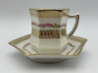 Antique Prussian Demitasse Six Sided Teacup And Saucer Gold Floral Design