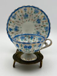 Antique Japanese Demitasse Teacup And Saucer Dainty Decorated With Small Blue Flowers Marked In Japanese Chara