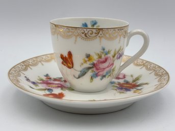 Antique Bavarian Dresden Demitasse Teacup And Saucer Z.S. & C Mark Gold Gilt Floral Pattern
