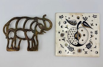 Pair Of Vintage Pot Trivets - Brass Elephant & Georges Briard MCM Mid Century