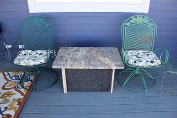 Meadowcraft Pair Of Green Wrought Iron Swivel Chairs With Granite Table & Side Table