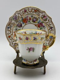 Antique Schumann Dresden Demitasse Teacup And Saucer With Stand Highly Decorated, Gold Gilt Floral