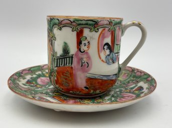 Antique Chinese Royal Canton Demitasse Teacup And Saucer Ornate Floral Chinese Figure Motifs Colorful