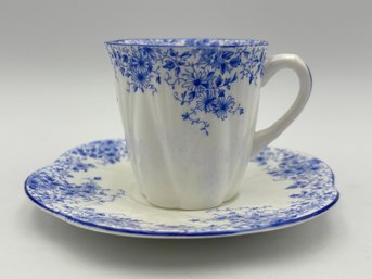 Antique English Fine Bone China Demitasse Teacup And Saucer Shelley. White With Blue Flower Decorations
