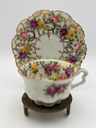 Antique Japanese Demitasse Teacup And Saucer All Over Design, Roses On Saucer And Inside Of Cup