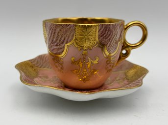 Antique English Demitasse Teacup And Saucer Coalport Pink And Gold Elaborate Decorations Gold Gilded