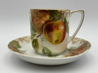 Antique Bavarian Rosenthal Demitasse Teacup And Saucer Apple Decorations On White Porcelain Gold Gilt