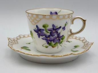 Antique Danish Royal Copenhagen Demitasse Teacup And Saucer Dainty Violet Decorations