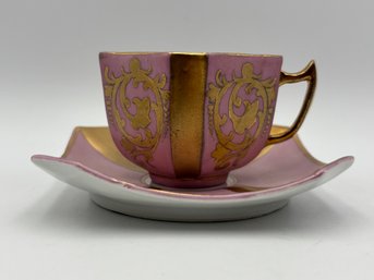 Antique German Demitasse Teacup And Saucer Pinkish Lavender And Gold. Cut Corners Marked Porlout