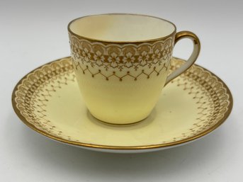 Antique Royal Doulton Burslem Demitasse Teacup And Saucer Creamy Light Tan With Lovely Gold Design
