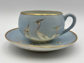 Antique Japanese Nippon Demitasse Teacup And Saucer Pale Blue With Stork Decorations