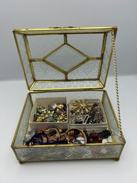 Vintage Brass & Etched Glass Box With Assorted Costume Jewelry Necklaces, Earrings, Etc