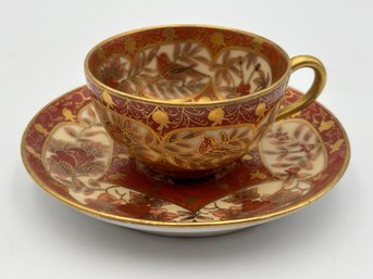 Antique Boseck & Co Austrian Demitasse Teacup And Saucer Elaborate All Over Red-orange And Gold Decor W/ Stand