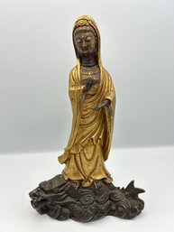 Vintage Heavy Cast Iron Metal Guanyin Chinese Buddhism Golden Statue