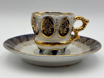 Antique English Demitasse Teacup & Saucer Thumbprint Decoration Cobalt Blue & Gold Footed Royal Worcester