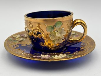 Antique Rare Italian Venetian Glass Demitasse Teacup And Saucer W/ Gold And Applied Flowers W/ Stand