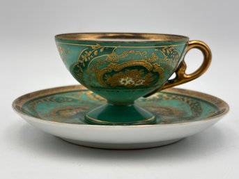 Antique Austrian Or German Demitasse Teacup And Saucer Bluish Green Turqoise Ornate With Gold Decorations
