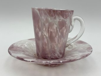 Antique Rare American Demitasse Teacup And Saucer With Stand Mottled Lavender & White Handblown Glass