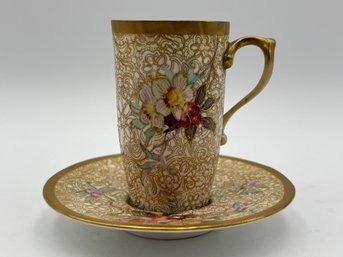 Antique Rare English Royal Doulton Burslem Demitasse Teacup & Saucer With Wire Stand Tall Tan Jeweled Floral