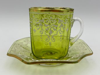 Antique Rare Italian Venetian Demitasse Teacup & Saucer With Wire Stand Yellowish Green Glass With White Lace
