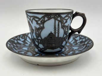Antique Turkish Demitasse Teacup And Saucer With Wire Stand Blue Glaze With All Over Design Cut Silver