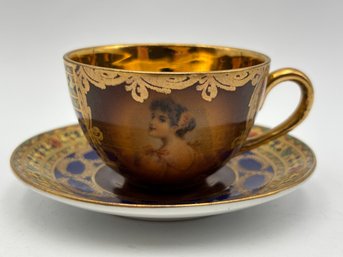 Antique Czech Demitasse Teacup And Saucer Bright Gold Lined Cobalt Blue Painting W/ Wire Stand