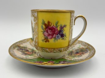 Antique German Dresden Demitasse Teacup And Saucer Yellow Panels In Cup Green Panels In Sauce W/ Wire Stand