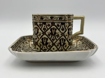 Antique Hungarian Oblong Four Sided Demitasse Teacup And Saucer Black & Gold All Over Design