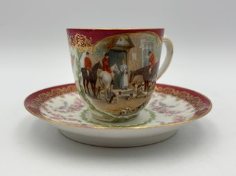 Antique Austrian Demitasse Teacup & Saucer With English Hunting Scene On Royal Crown Red & Gold