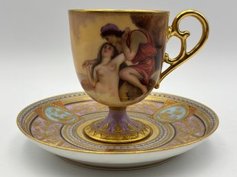 Viennese Austrian Demitasse Teacup & Saucer W/ Wire Stand Depicting Fischer Nixie Poem Beehive Overglaze
