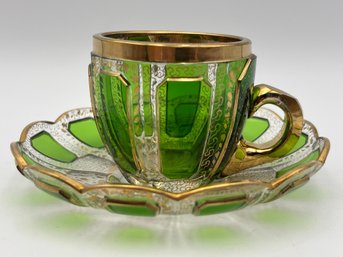 Antique Heavy Bohemian Glass Demitasse Teacup & Saucer With Green Overlay & Gold Decoration W/ Wire Stand