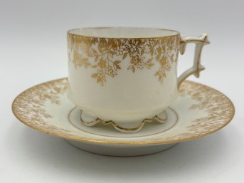 Antique French Limoges Demitasse Teacup & Saucer White Porcelain With Gold Wreath Trim W/ Brass Stand