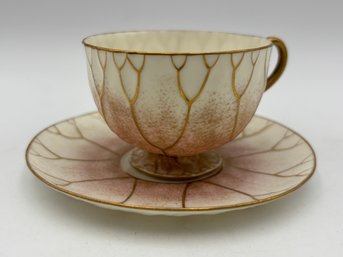 Antique American Willets Belleek Demitasse Teacup & Saucer With Brass Stand Ornate Pink Spray W/ Gold Veining