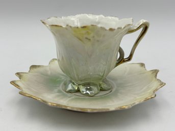 Antique Demitasse Teacup & Saucer With Stand Scalloped Green Lustre Flower Cup Open Flower Petal Design