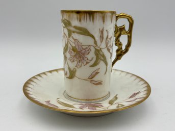 Antique French Limoges Tall Deep Demitasse Teacup & Saucer Gold Trim & Floral Design