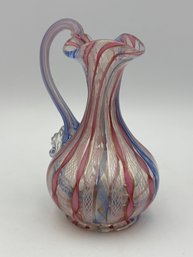 Vintage Murano Latticino Venetian Ribbon Petitie Vase With Handle Blue, Pink & Gold 4.5'