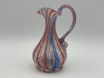 Vintage Murano Latticino Venetian Ribbon Petite Vase W/ Handle Blue, Pink & Gold 5'