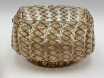 Vintage Murano Salviati Venetian Latticino Bowl W/ Square Top Gold And White Glass 4.5'