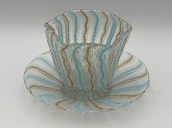 Vintage Murano Zanfirico Latticino Cup & Saucer Blue & White