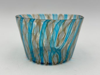 Vintage Italian Venetian Murano Blue And Gold Ribbon Latticino Glass Bowl Cup 1.75'