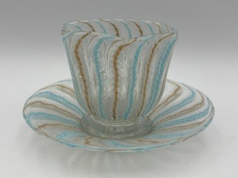 Vintage Murano Zanfirico Latticino Cup & Saucer Blue & White