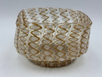 Vintage Murano Salviati Venetian Zanfirico Latticino Bowl With Square Top Gold & White Glass 4.5'