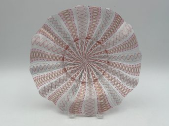Vintage Murano Zanfirico Latticino Pink & White With Gold Glass Plate 7' W/ Stand