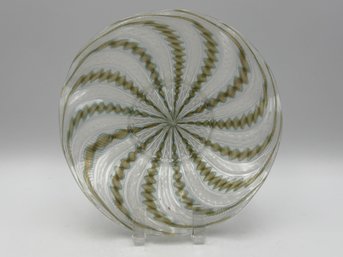 Vintage Murano Zanfirico Latticino Light Blue & White With Gold Glass Plate 7' W/ Stand