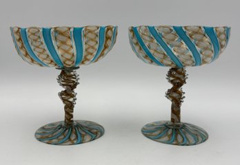 Vintage Pair Of Murano Zanfirico Latticino Blue & Gold Champagne Glasses Goblets 4.25'