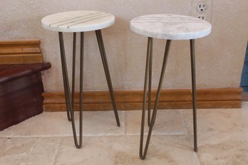 Pair Of Small Tri-pod Plant Stand Tables With Marble Top