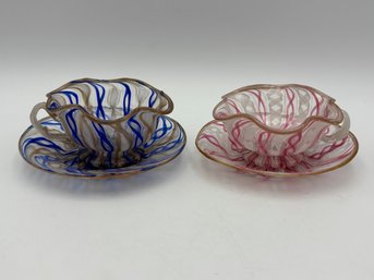 Vintage Pair Of Murano Zanfirico Latticino Pink, Blue, White & Gold Demitasse Teacup & Saucer