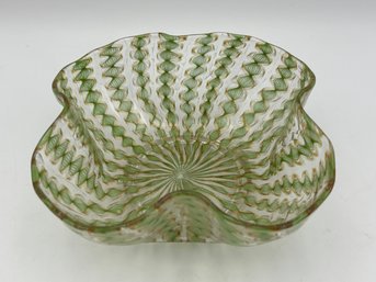 Vintage Murano Zanfirico Green Gold & White Glass Candy Dish Or Bowl 6'