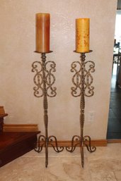 Pair Of 40' Floor Standing Heavy Metal Candle Stand Holders With Large Candles