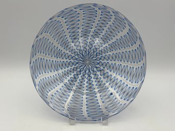 Vintage Blue & White Zanfirico Italian Murano Glass Plate 6.5' W/ Stand